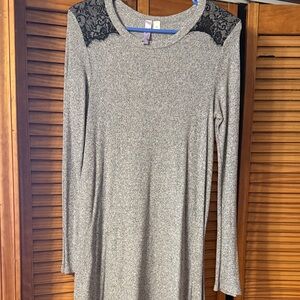 Alya Gray Long Sleeve Dress with Black Lace Accents